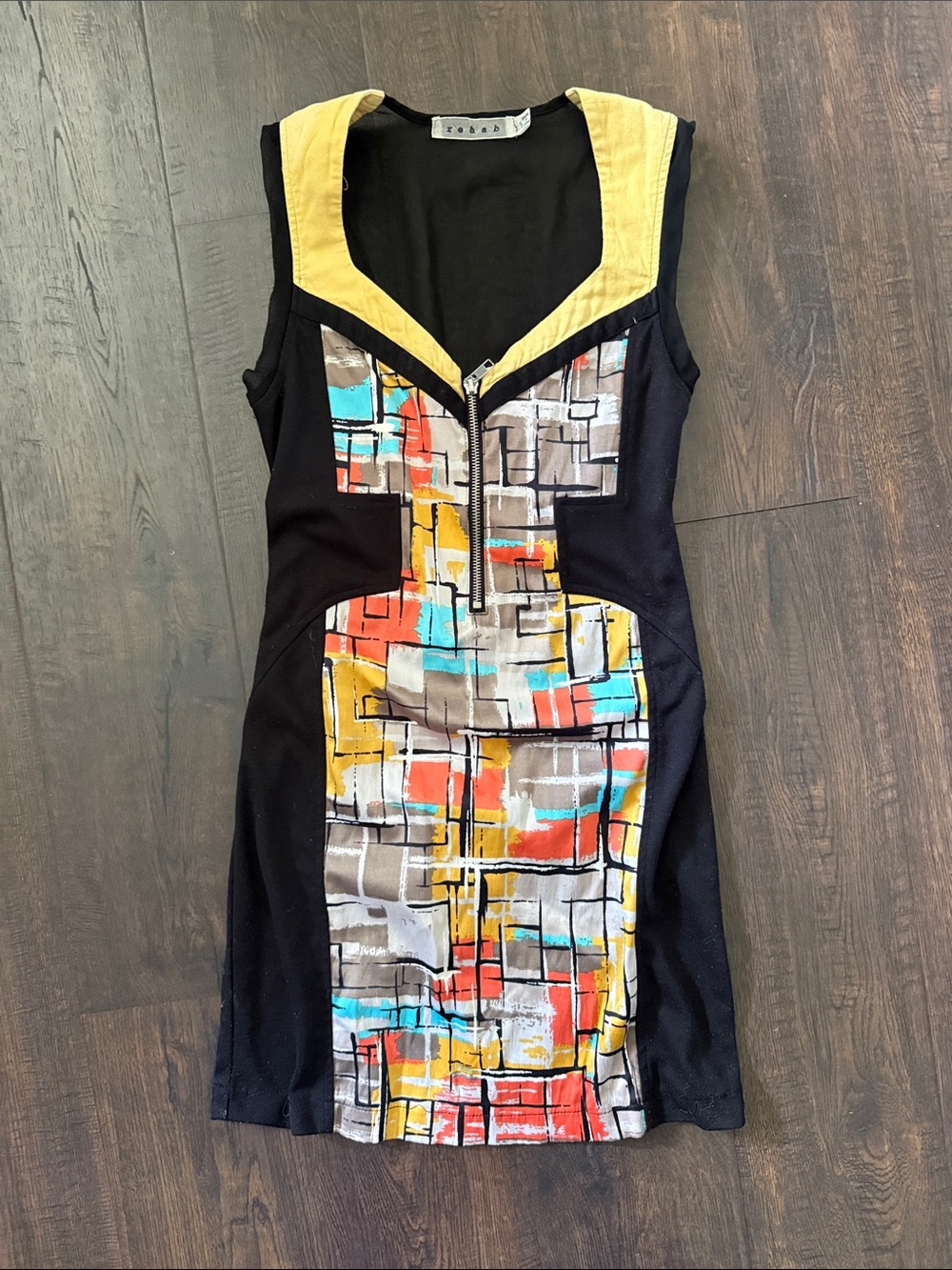 Rehab Black Mini Dress with Yellow Trim and Multicolor Geometric Print